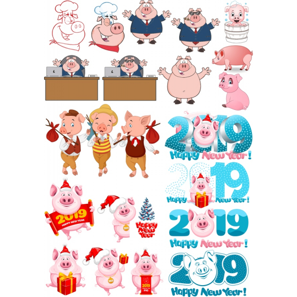 Whimsical หมูเว็กเตอ Illustrations สำหรับวันปีใหม่ Celebrations Whimsical หมูเว็กเตอ Illustrations สำหรับวันปีใหม่ Celebrations