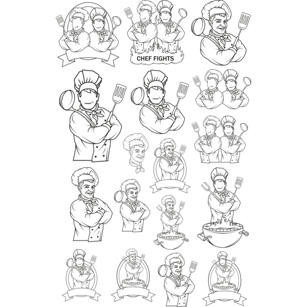 Chef Kämpft Vektor-Clipart-Set - Humorvoll Kulinarisch Abbildungen Chef Kämpft Vektor-Clipart-Set - Humorvoll Kulinarisch Abbildungen