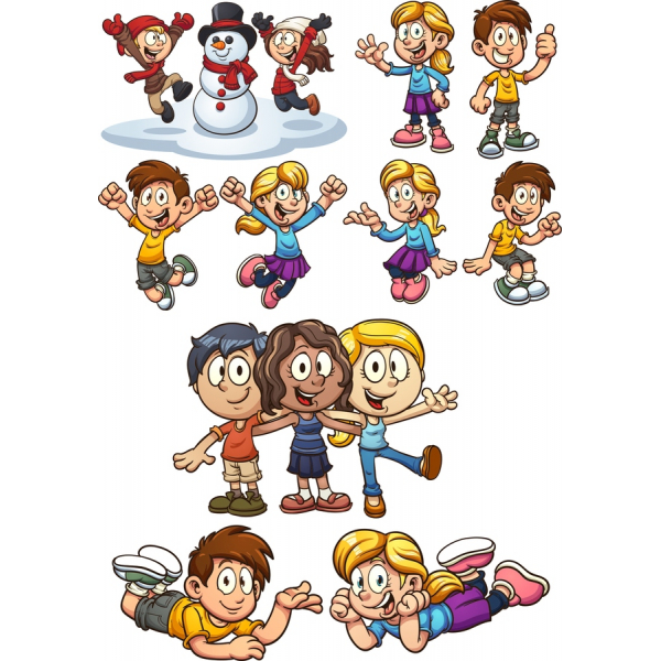Gioiosa Kids & Pupazzo Di Neve Divertente, Clipart Vector Set Gioiosa Kids & Pupazzo Di Neve Divertente, Clipart Vector Set