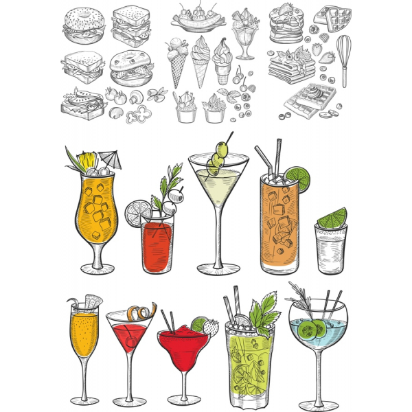 Vibrant Vector illustration von Getränken und Snacks Vibrant Vector illustration von Getränken und Snacks