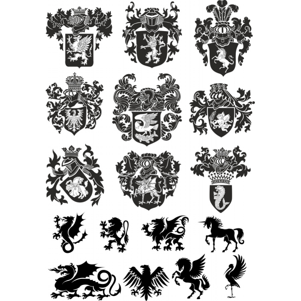Heraldic Crests na Wanyama Mythical Vector Kuweka Heraldic Crests na Wanyama Mythical Vector Kuweka