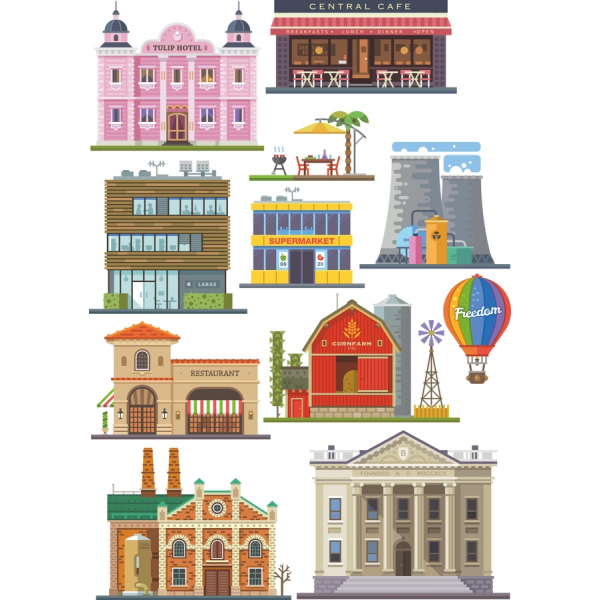 Urocze ilustracji wektorowych miejskich i wiejskich budynków Urocze ilustracji wektorowych miejskich i wiejskich budynków