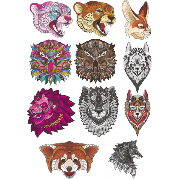 Zvířecí Hlavou Mandala Vektorové Ilustrace Sada Zvířecí Hlavou Mandala Vektorové Ilustrace Sada