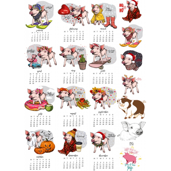 Anual Porc Calendar Clipart Set Adorabil, Ilustrații Vectoriale Anual Porc Calendar Clipart Set Adorabil, Ilustrații Vectoriale