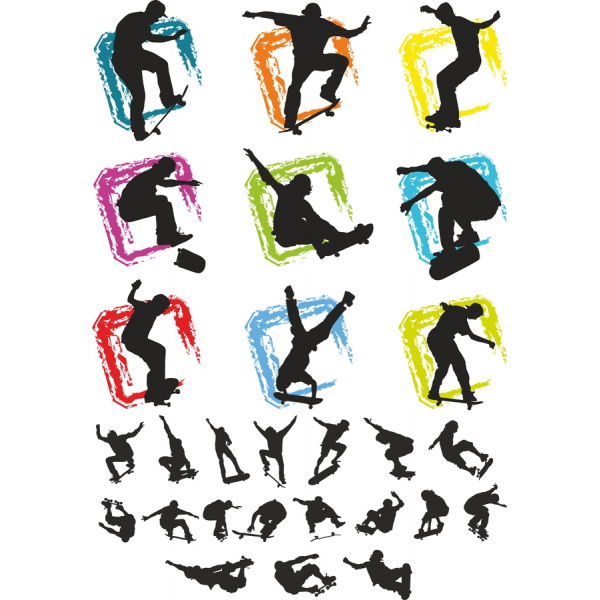 ස්කේට්බෝඩ් දෛශික Clipart Set - ගතික ස්කේට්බෝඩ් Silhouettes