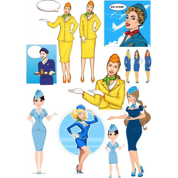 Vintage Flight Attendant Vector Illustration Set Vintage Flight Attendant Vector Illustration Set