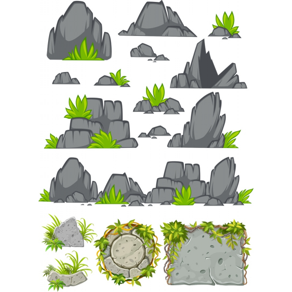 Set vector illüstrasiyalar premium-sinif olan daşlar və bitkilər Set vector illüstrasiyalar premium-sinif olan daşlar və bitkilər