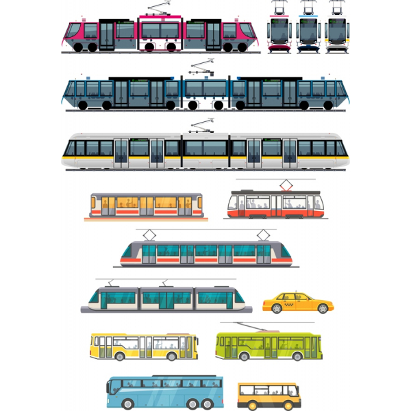Vektor Illustrationer af Offentlig Transport, Sporvogne, Busser, Taxaer