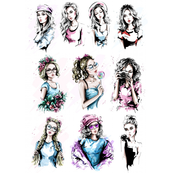 Chic Disegnata a Mano Vettoriali Illustrazioni di Personaggi Femminili