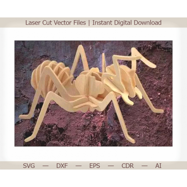 3D-Ant Laser Cut Vektor Skabelon - Slot-Fit Træ-Model (SVG -, DXF -, EPS)