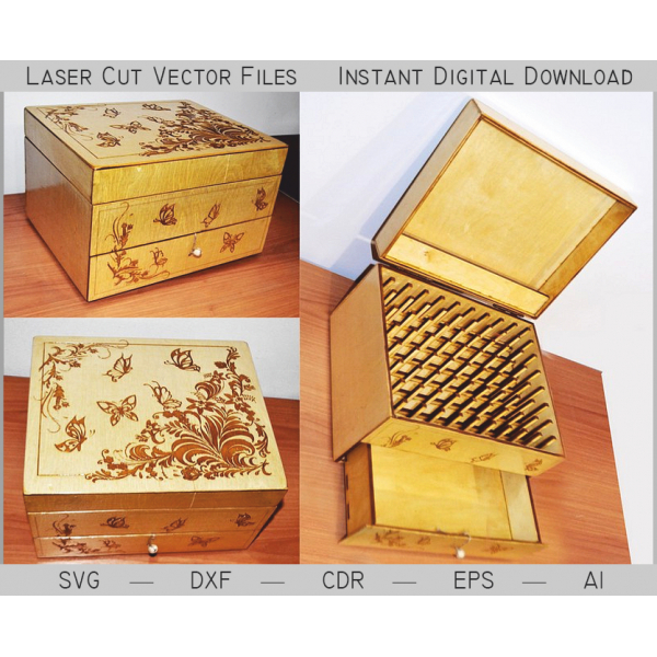 Laser-Cut-Gewinde Box-Vektor-Vorlage zum Nähen von Organizer (SVG DXF AI EPS CDR)