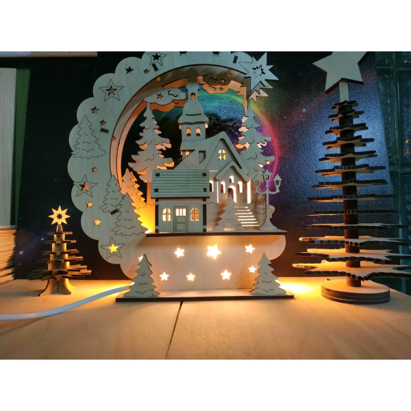 Christmas Night Light Laser Cut Vector File — Layered Winter Village Lamp Christmas Night Light Laser Cut Vector File — Layered Winter Village Lamp