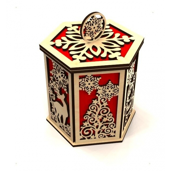 Sechseckige Neue Jahr Laser-Cut-Box-Vorlage mit Schneeflocke und Rentier-Panels Sechseckige Neue Jahr Laser-Cut-Box-Vorlage mit Schneeflocke und Rentier-Panels