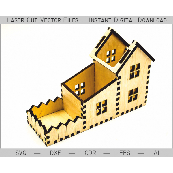 Postavit Dům Laser Cut Vektorové Šablona — Desk Organizer SVG, DXF, AI Postavit Dům Laser Cut Vektorové Šablona — Desk Organizer SVG, DXF, AI