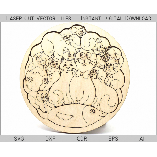Kat Familie Runde Bordskåner Laser Cut Vektor — Instant Download Kat Familie Runde Bordskåner Laser Cut Vektor — Instant Download