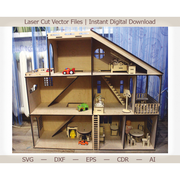 3-Storia Lodge Dollhouse Taglio Laser Modello Vettoriale