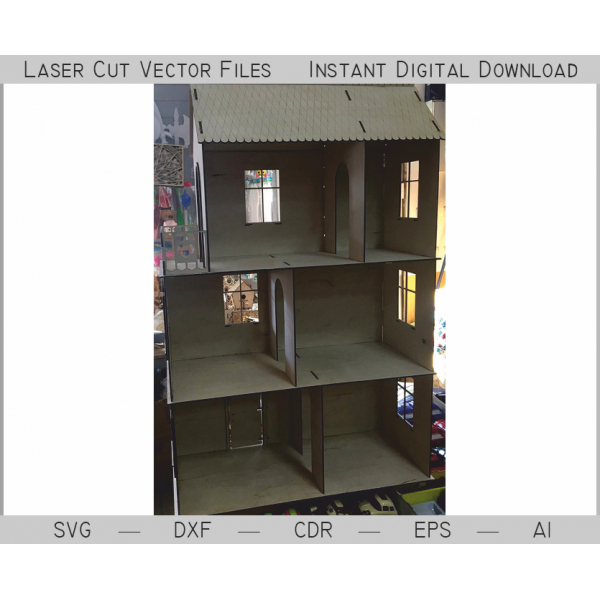 3-Storey Dollhouse Laser Cut Vector File — SVG DXF CDR Instant Download