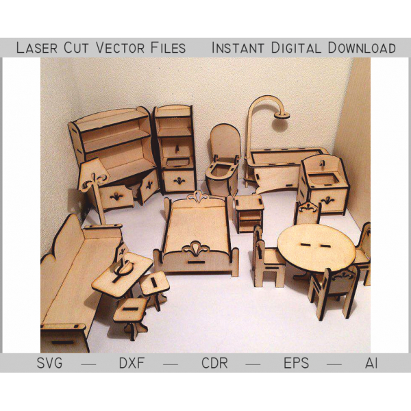 Maison de poupées Ensemble de Meubles Laser Cut Fichiers Vectoriels SVG DXF CDR EPS IA Maison de poupées Ensemble de Meubles Laser Cut Fichiers Vectoriels SVG DXF CDR EPS IA