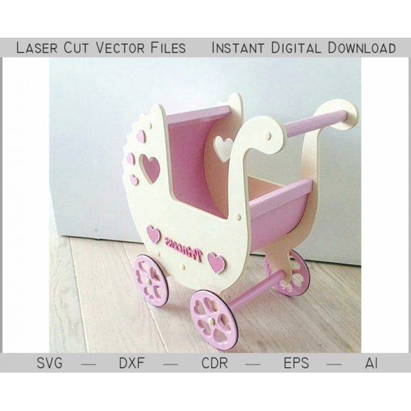Passeggino Taglio Laser Vettoriale Modello di Bambola Passeggino - SVG, DXF, CDR, AI, EPS Passeggino Taglio Laser Vettoriale Modello di Bambola Passeggino - SVG, DXF, CDR, AI, EPS