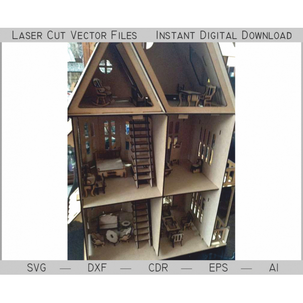 Laser Cut Dollhouse Vector Kit with Miniature Furniture — Instant Download Laser Cut Dollhouse Vector Kit with Miniature Furniture — Instant Download