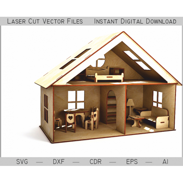 Laser Cut Domeček pro panenky Vektor Šablona s Nábytkem Laser Cut Domeček pro panenky Vektor Šablona s Nábytkem