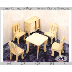 Dollhouse องอาหารเย็นตั้งค่าเว็กเตอแฟ้ม(โต๊ะ 4 พวกเก้าอี้,รัฐมนตรี)-เลเซอร์ตัด