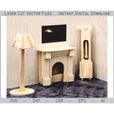 Miniature Toy Furniture Set – Fireplace, Floor Lamp & Grandfather Clock