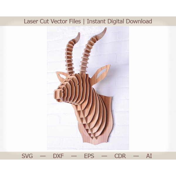 Gazelle Hoved 3D Laser Cut Vektor Skabelon til vægmontering