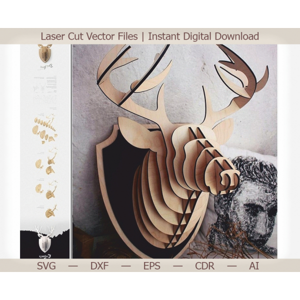3D Cap de Cerb cu Laser Tăiat Fișier Vector 3D Cap de Cerb cu Laser Tăiat Fișier Vector