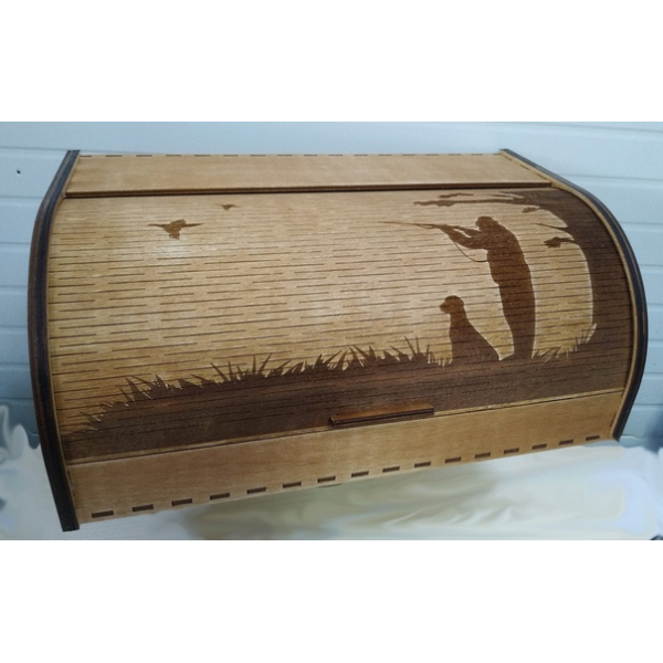 Roll-Top Bread Bin Laser Cutting File with Hunter and Dog Silhouette Roll-Top Bread Bin Laser Cutting File with Hunter and Dog Silhouette
