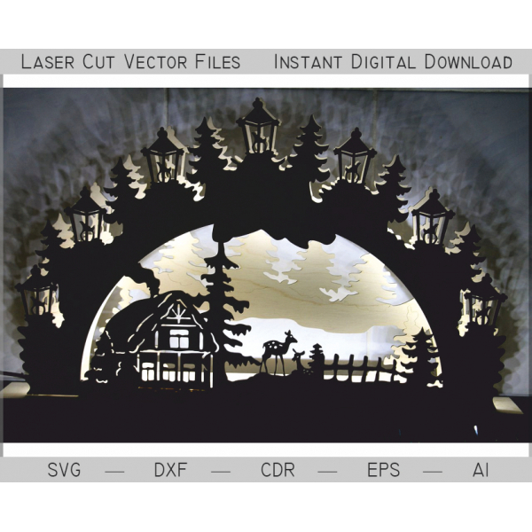 Nachtlicht Haus im Wald - Laser-Cut-Vektor-Vorlage Nachtlicht Haus im Wald - Laser-Cut-Vektor-Vorlage