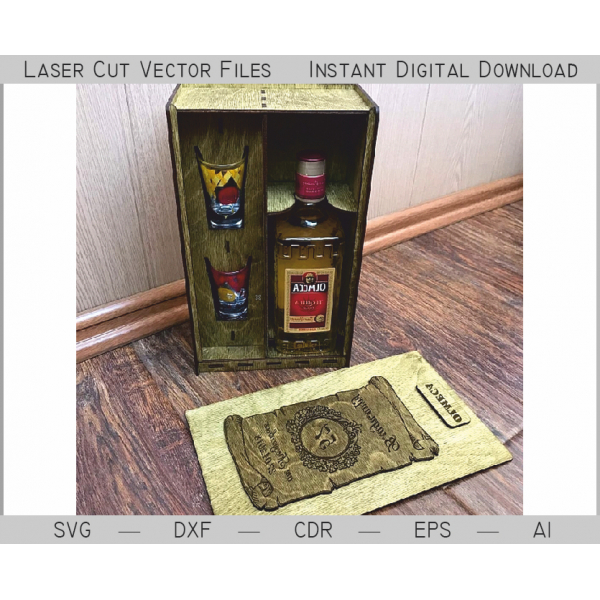 Alcohol Gift Box Laser Cut Vector Template for Bottle and Shot Glasses Alcohol Gift Box Laser Cut Vector Template for Bottle and Shot Glasses