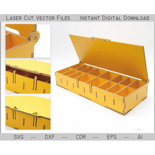 16-Vano Organizzatore Scatola con Coperchio - Taglio Laser File Vettoriale 16-Vano Organizzatore Scatola con Coperchio - Taglio Laser File Vettoriale
