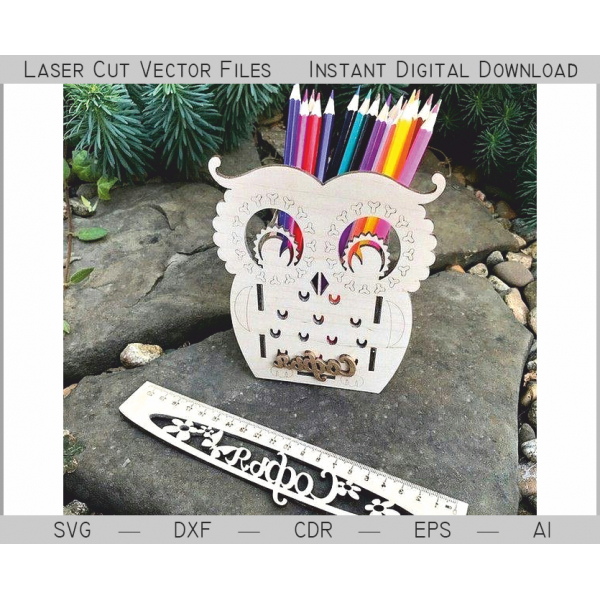 Owl Pencil Holder Laser Cut Vector File - SVG DXF EPS AI CDR Owl Pencil Holder Laser Cut Vector File - SVG DXF EPS AI CDR