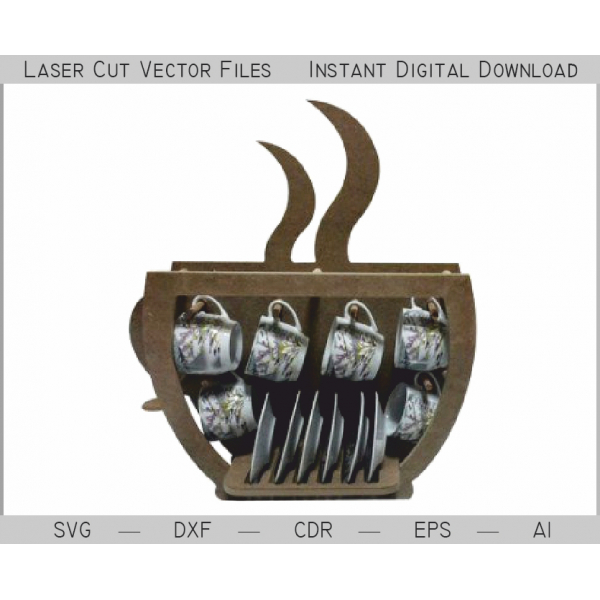 Tee Set Regal Laser-Cut-Vektor-Datei für Tasse und Teller Organizer Tee Set Regal Laser-Cut-Vektor-Datei für Tasse und Teller Organizer