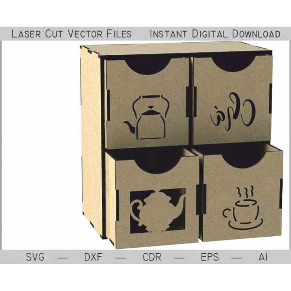 Thee-Doos met 4 Lades – Laser Gesneden Sjabloon Vector