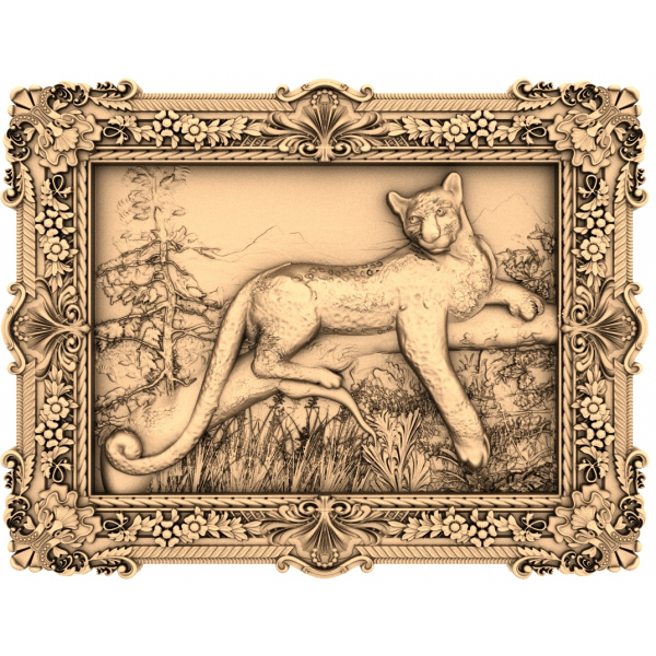 Majestátní leopard ve 3D STL modelu s květinovým rámem Majestátní leopard ve 3D STL modelu s květinovým rámem