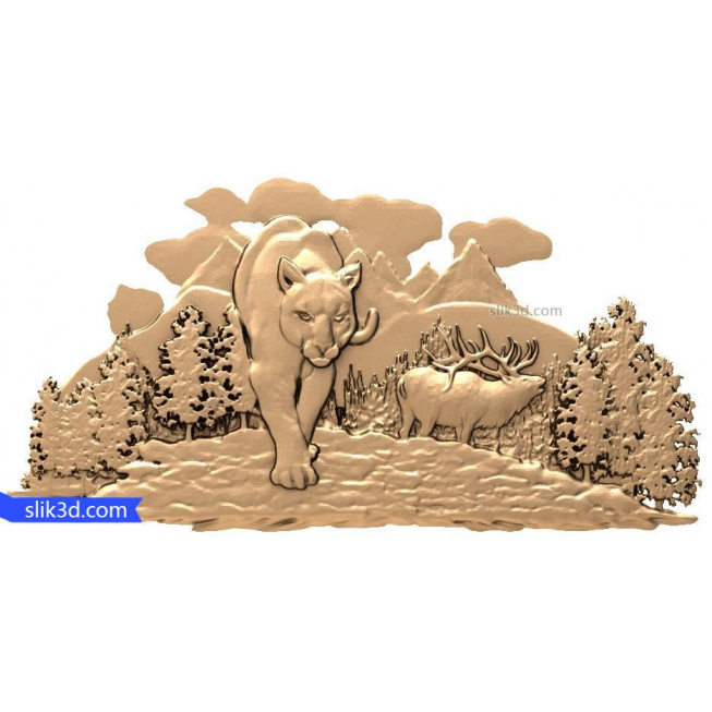 Bas-relief "Cougar in the woods" | STL - 3D model for CNC