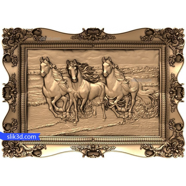 Bas-relief "Three horses on the beach" | STL - 3D model for CNC